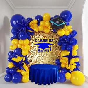 Rozee Royal Blue and Yellow Balloon Garland Aarch Kit 150+pcs with Graduation Cap Blue Star Mylar Balloons for Men Birthday 2025 Graduation Ceremony Prom Decorations