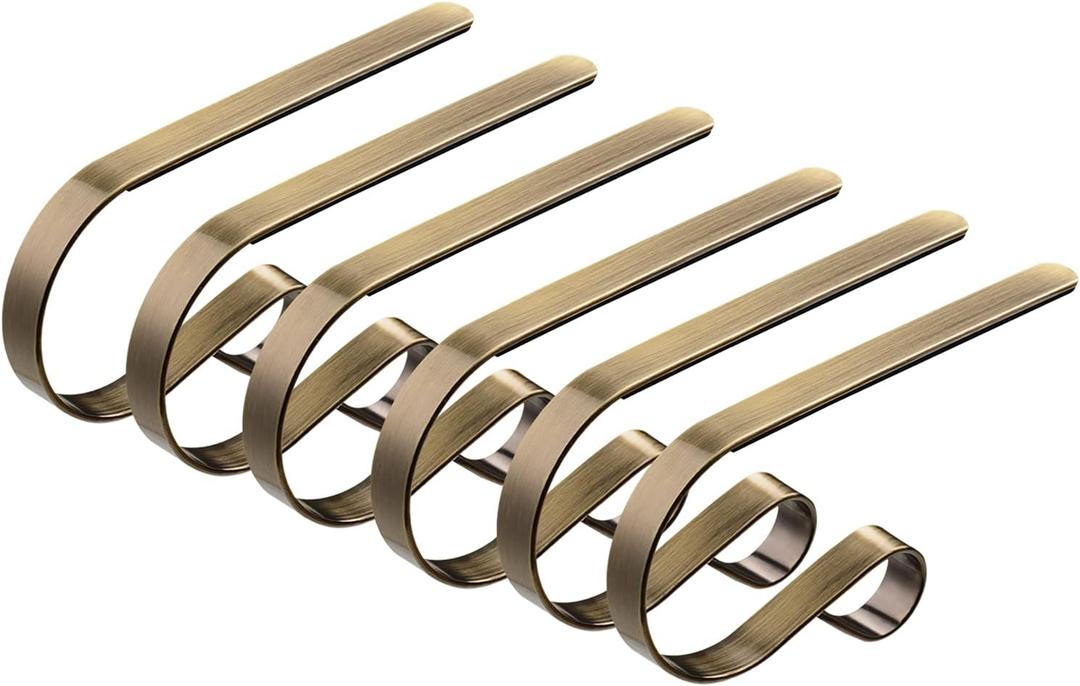 6 Pcs Christmas Stocking Holders Metal Mantel Stocking Hangers Adjustable Hanging Grip Stockings Clip Set (6, Antique Brass)