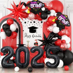Graduation Balloons Garland Arch Kit, Graduation Balloons Class of 2025, Red Black and White Latex Balloon with Foil Balloon for Class of 2025 Party Decor