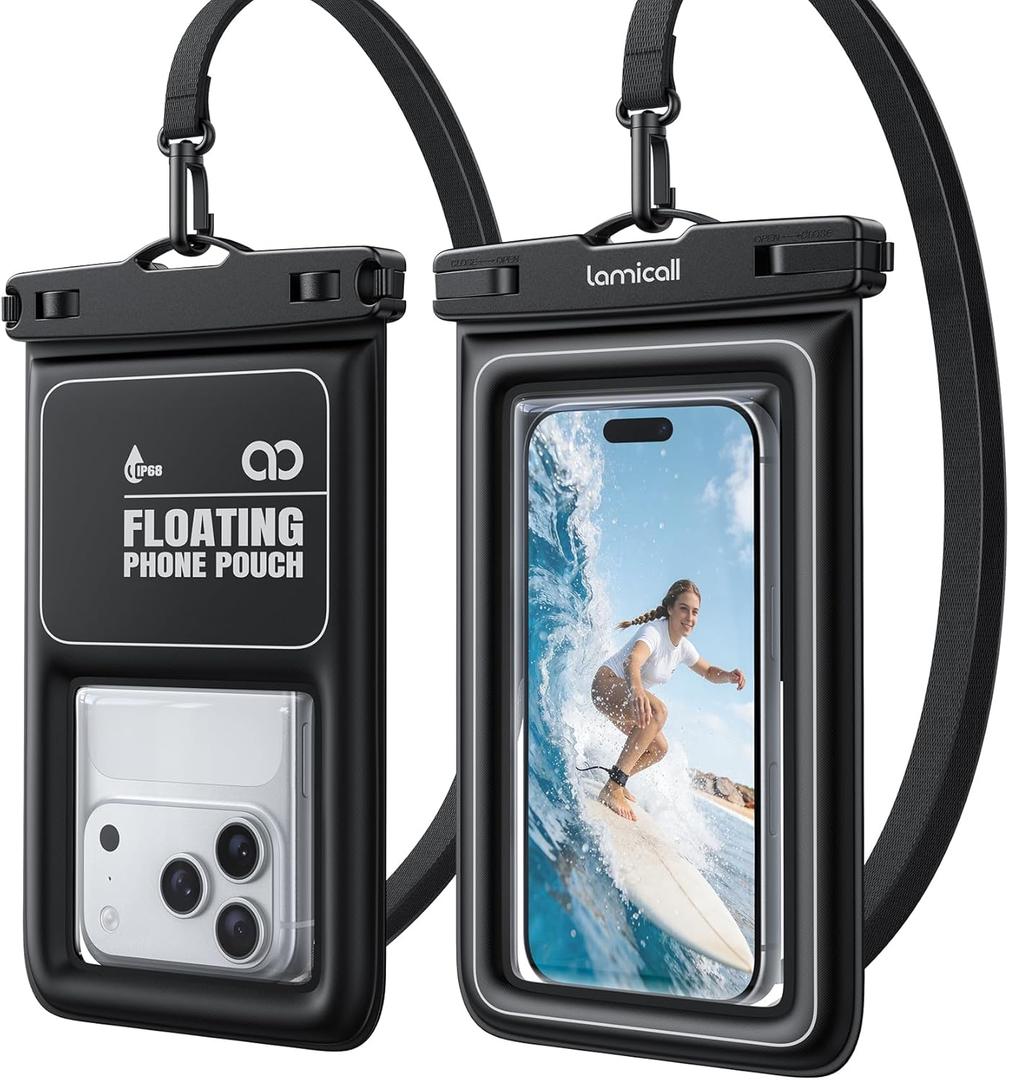 Lamicall IP68 Floating Waterproof Phone Pouch - [2 Pack][Anti-Pop Lock] Dustproof Cell Phone Dry Bag Case with Lanyard, Beach & Cruise Gifts for Mothers iPhone 17 16 15 Pro Max, Galaxy S25, 4-8.5" (A-White Accent)