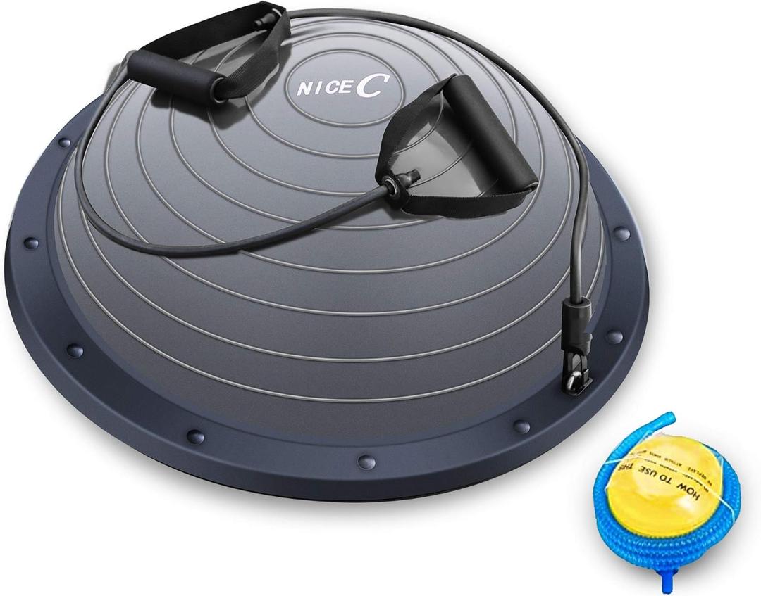 Nice C Balance Ball, Half Ball, Balance Ball, Exercise Workout Trainer, with Resistant Band, Strength Fitness Yoga with Bonus Foot Pump (Grey)