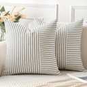 MIULEE Olive Green and Beige Patchwork Farmhouse Pillow Covers 16x16 Inch, Pack of 2 Striped Linen Spring Decorative Modern Accent Pillow Cases for Sofa Couch Bedroom