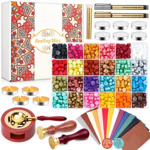 Paxcoo Sealing Wax Kit with Wax Seal Beads, Stamp, Warmer, Spoon, Envelopes for Letter Sealing (Multicolored)