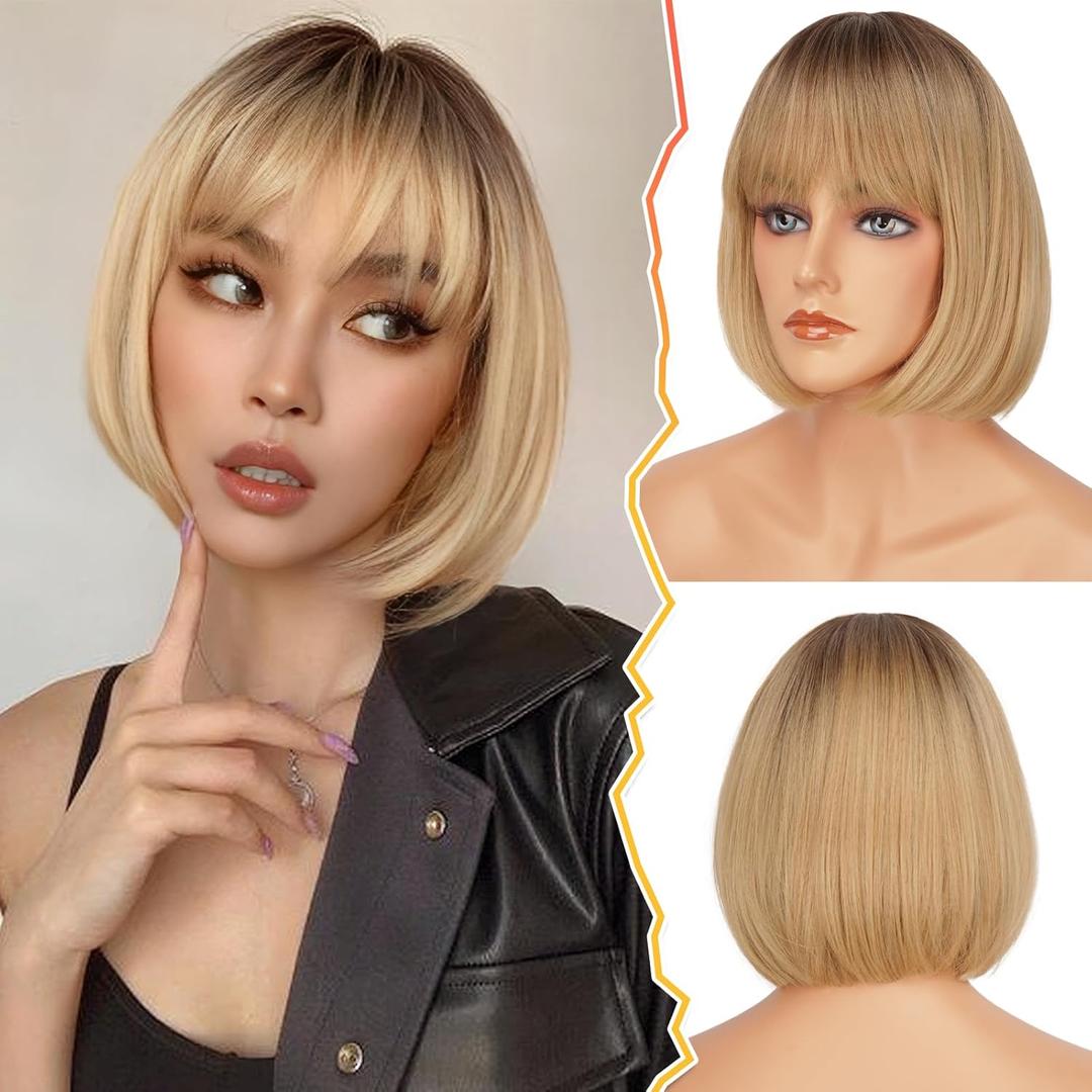 BARSDAR Short Bob Wig with Bangs - Short Blonde Ombre Bob Wigs with Bangs for Women - 12 Inch Chin-Length Blonde Wig with Dark Roots Natural Looking Soft Synthetic Hair Replacement Daily Halloween