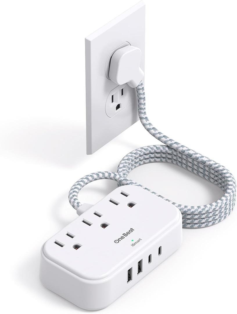 One Beat 1 Pack Cruise Essentials,5 Ft Flat Extension Cord, 3 Outlets 4 USB Ports(2 USB C) Flat Plug Power Strip,USB Charging Station with Non Surge Protector for Cruise Ship,Travel,Dorm Essentials (White)