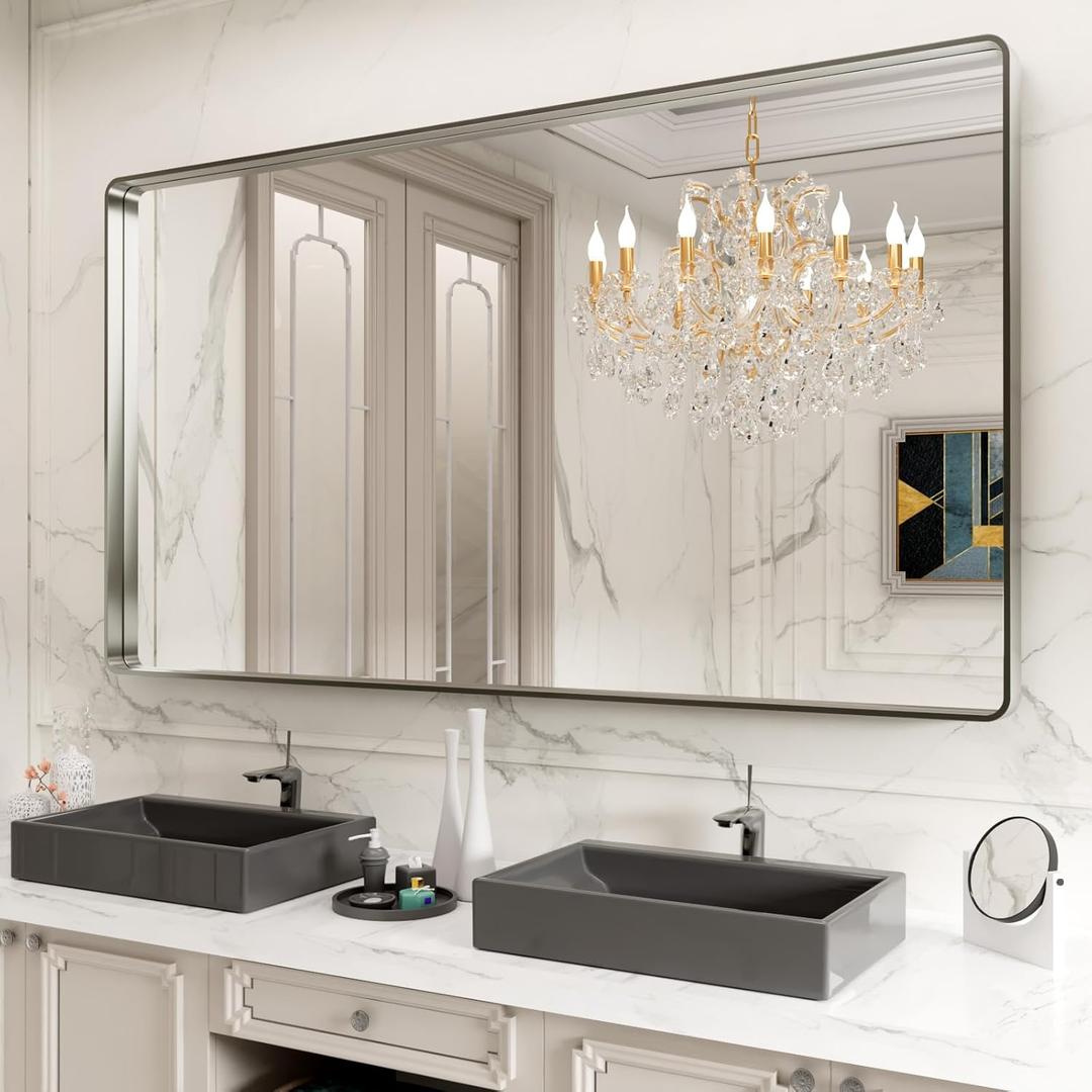 LOAAO 77X36 Inch Brushed Nickel Bathroom Mirror, Rounded Rectangle Silver Metal Frame Mirror, Brushed Nickel, Anti-Rust, Hangs Horizontally or Vertically