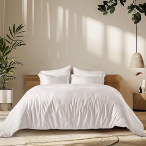 EVERGRACE Cotton Tencel Cooling Duvet Cover Set Queen Size for Hot Sleepers, Luxe Eucalyptus Lyocell Bedding Set, Soft Sateen Weave Comforter Cover 90" x 90" w/Button Closure & 2 Shams, Bright White