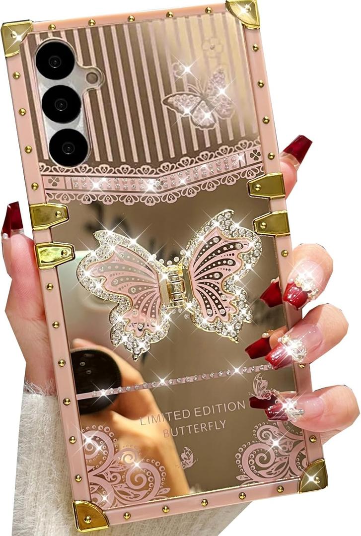 Samsung Galaxy S25 Glitter Kickstand Case, Cute Luxury 3D Bling Sparkly Diamond Butterfly with Foldable Stand Mirror Elegant Shockproof Protective Case for Women Girls for Galaxy S25, Pink