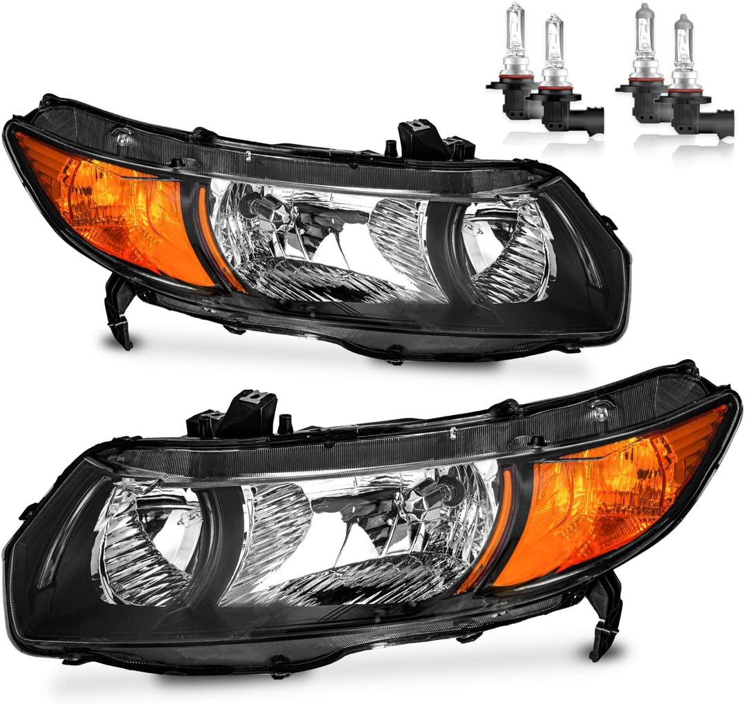 Headlights for 2006-2011 Honda Civic 2-Door Coupe | Halogen Headlamp Replacement with High Low Beam Bulbs, Black Housing, Driver & Passenger Side