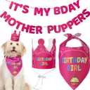 3 x Dog Birthday Party Supplies - Bday Decoration Set - Birthday Girl Bandana for Medium, Large Dogs, Party Hat, Crown and Cute Banner with It's My Birthday Mother Puppers Sign