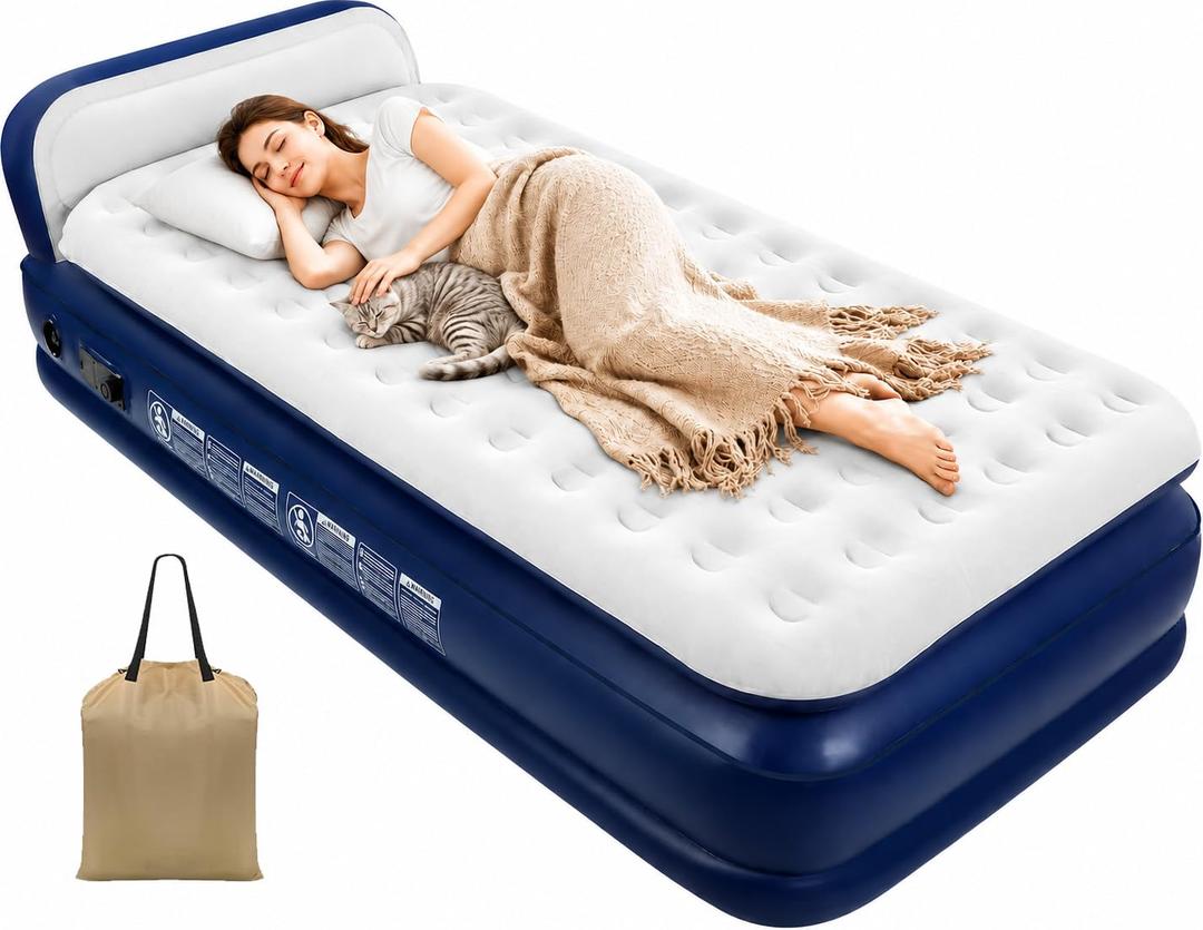 KMZ QueenAir Mattress with Headboard & Built-in Pump, 16” Raised Inflatable Mattress for Guests & Home, Portable Blow Up Bed with Fast Inflation, Comfortable Air Bed for Indoor Use