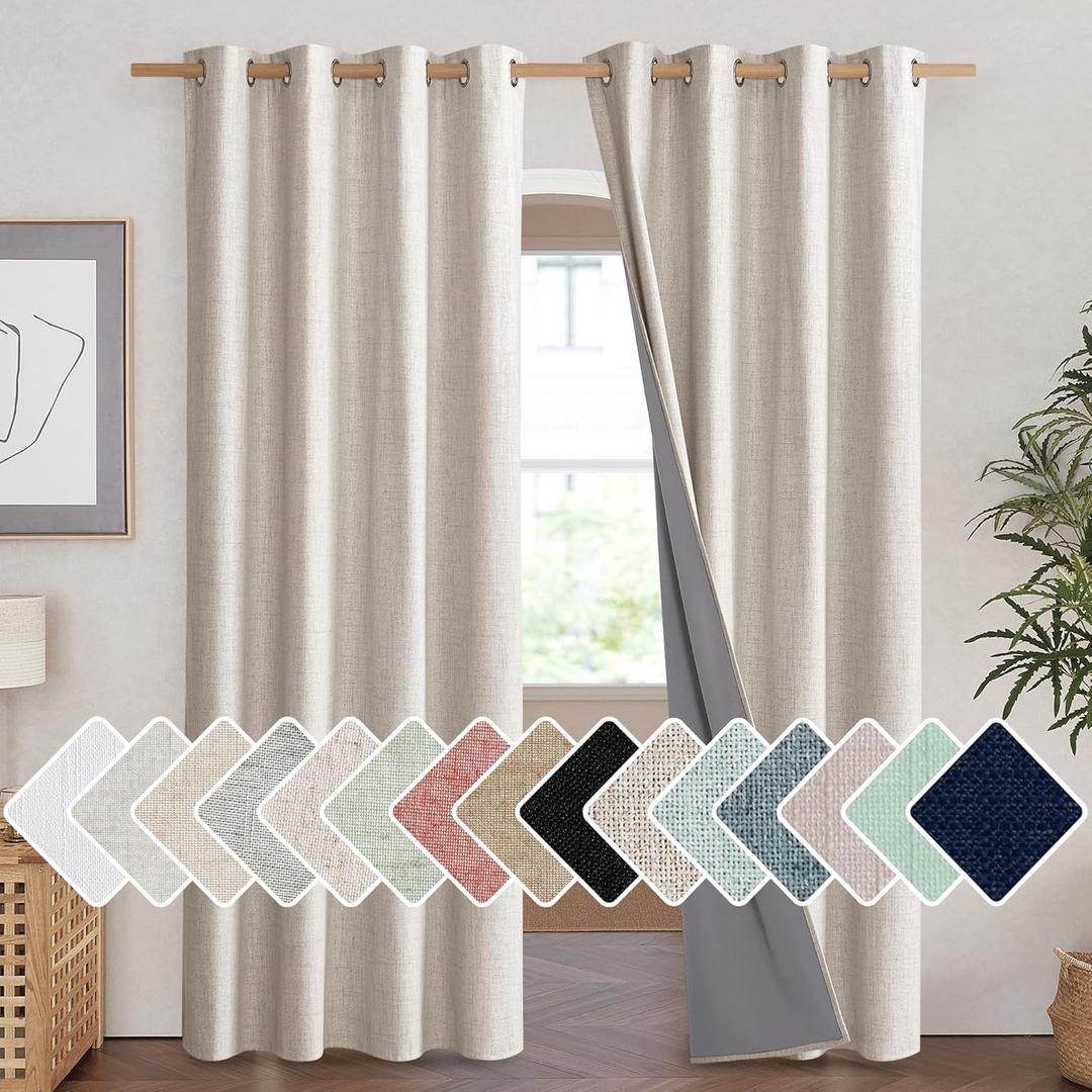 NICETOWN Natural 100% Blackout Linen Curtains 84 inch Long Burg for Living Room, 2 Panels, 52" Wide, Farmhouse Thick Completely Blackout Window Treatment Thermal Insulated Warm Drapes for Winter