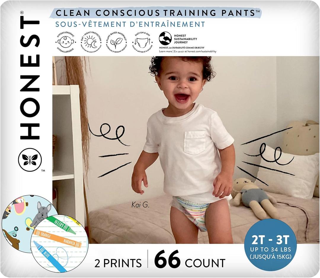The Honest Company Clean Conscious Training Pants for Sensitive Skin, Hypoallergenic, Fragrance-Free, Let's Color See Me Rollin', Size 2T/3T (up to 34 lbs), 66 Count