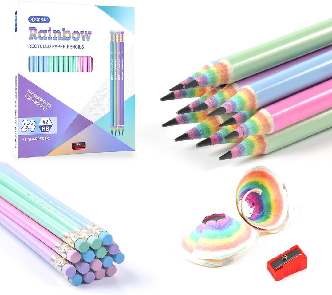 ECOTREE Pre-Sharpened Pencils #2 Cute Number 2 Pencils with Erasers for Kids Eco Rainbow Paper Pencil for School, Writing, 24 Count
