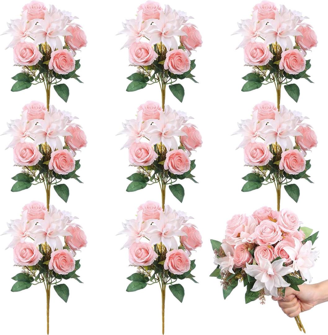 Riceshoot 8 Bundles Pink Artificial Lily Rose Flowers Wedding Flower Bouquet Realistic Silk Flowers Faux Lily and Rose for Wedding Centerpieces Flower Arrangement Home Decor