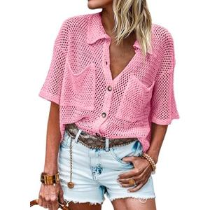 Fisoew Womens Crochet Lightweight Cardigan Sweaters Short Sleeve Summer Button Down Collared Loose Cover Up Shirts S