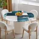 Teal Abstract Art Round Fitted Tablecloth Geometric Plaid Modern Graffiti Color Block Elastic Table Cloth Waterproof Oil Proof Table Cover Fits 45"-54" Round Tables for Party Picnic Dinner Decor (Bronze)