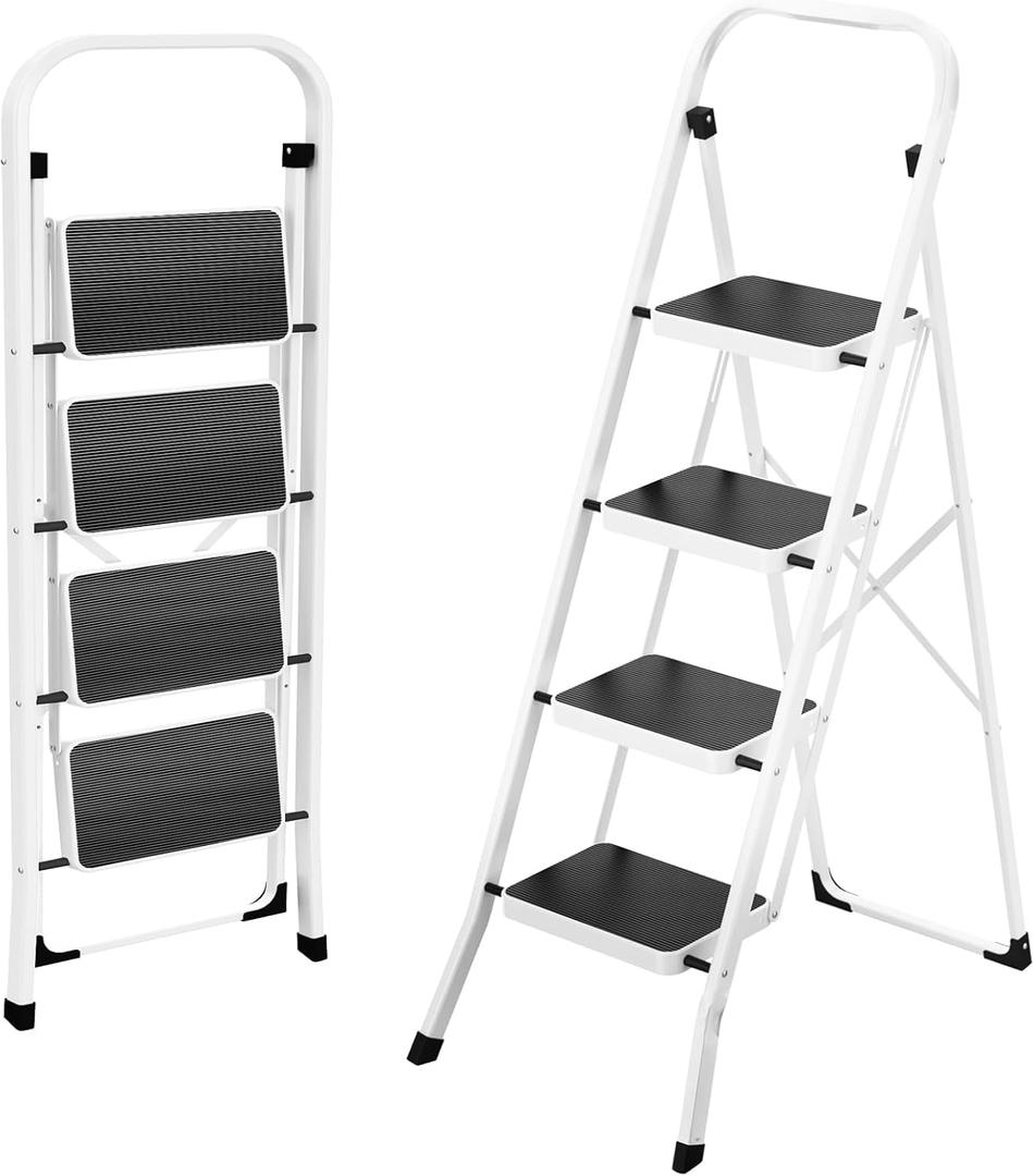 HBTower Step Ladder 4 Step Folding Ladder, Lightweight Portable Stepladder with Anti-Slip Pedal, Ladders with Convenient Handrails,330 lbs Capacity Step Stool for Kitchen, Home,White