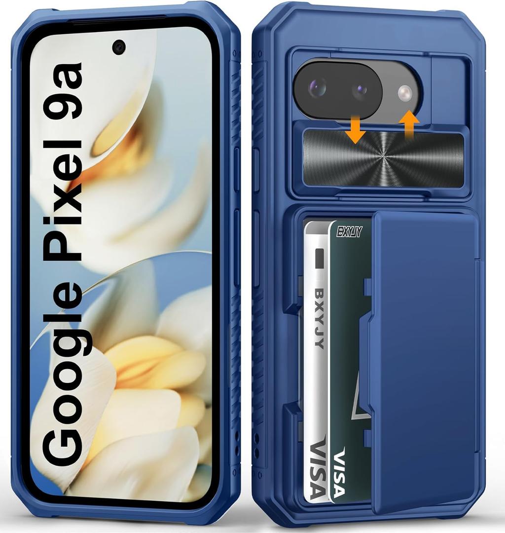 for Google Pixel 9a Case Wallet, Slide Camera Cover, Card Holder (4-5 Cards), Military Grade Drop, RFID Block, Rugged Heavy Duty Men Women Shockproof Protective Phone Cases for Pixel 9a, Blue