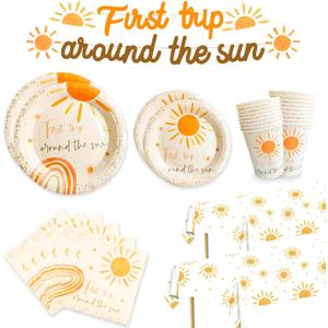 First Trip Around The Sun Birthday Decorations - Boho Sun Rainbow 1st Birthday Decorations for Girls and Boy Sun Plates and Napkins Cups Tablecloths BannerSet for Serve 25 Guests, Sunshine Baby