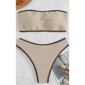 ZAFUL Women Strapless Textured Bandeau Bikini 2 Piece Swimwear Cheeky Solid Lace up Bathing Suits (Small)