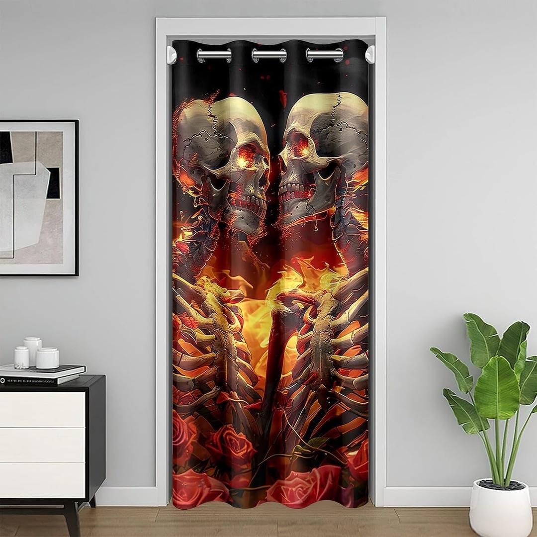 Manfei Skull Lover Door Curtain for Doorway Privacy,Gothic Skeleton Sliding Closet Door Curtains Rose Flowers Flame Privacy Curtain Cover for Room Divider Black Orange Curtain,W52 X L84
