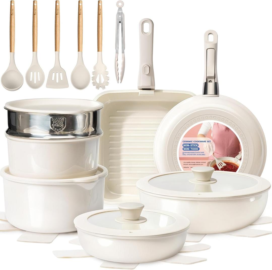 KIKCOIN Ceramic Cookware Set Non Stick Pots and Pans Set with Detachable Handle - 25 Pack Stackable Cooking Set for RV Kitchen - Induction Ready - Dishwasher and Oven Safe (Cream)