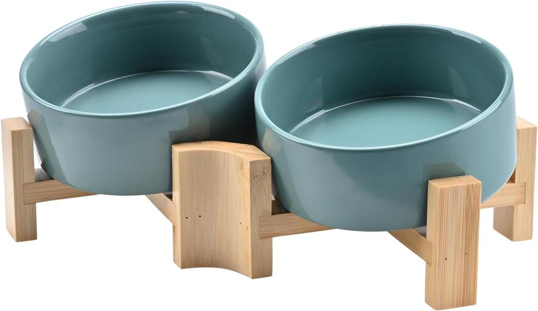 SPUNKYJUNKY 15 Slanted Ceramic Dog and Cat Bowl with Wooden Stand, Tilted Bulldog Food and Water Bowl No Slip Non-Spill for Cats Medium Dogs Big Face Pets 13.5 OZ (1.7 Cups, Light Green  2)