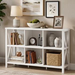 6 Cube Storage Organizer, 47" Long Horizontal Bookshelf, White Oak, Without Drawer