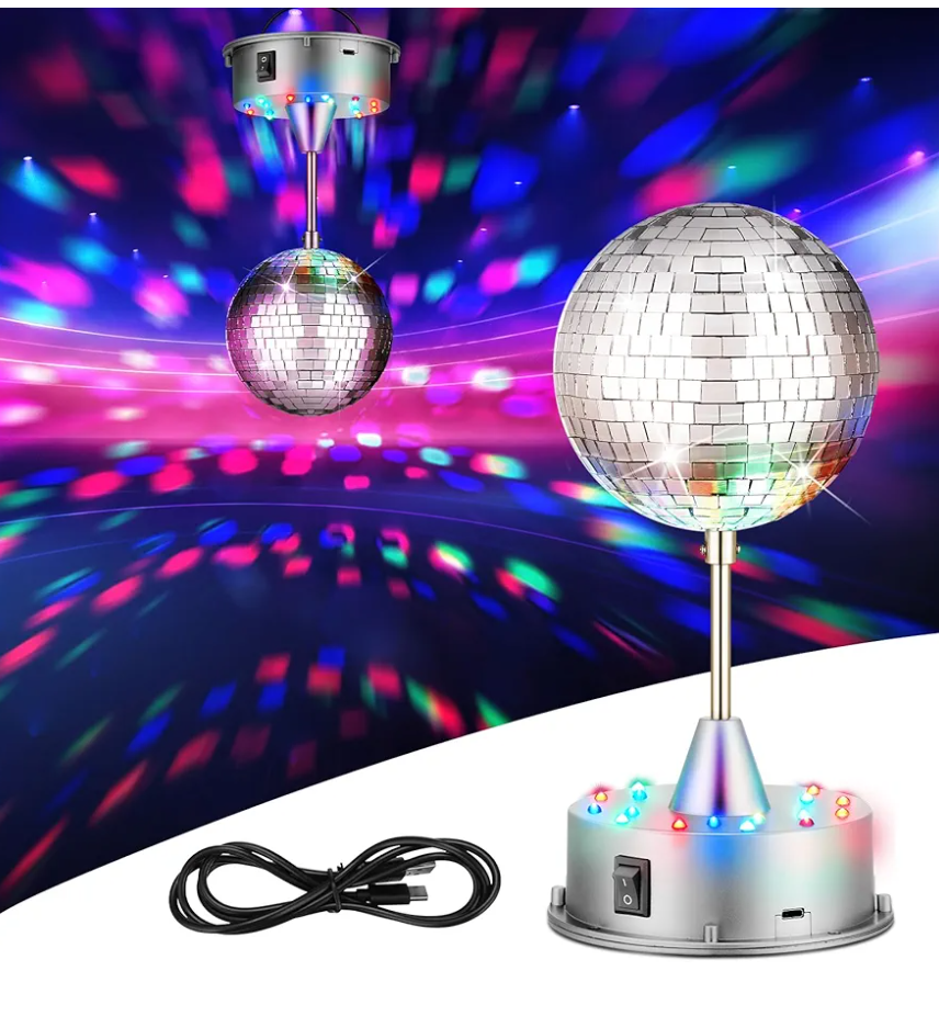 Disco Ball Light 5" Mirror Ball Motor Hanging Rotating Disco 90s Party Decor 5rpm with 3 Light Color and 18 LED Hanging and Table 2 Use for Graduation Wedding Bar Club Band Stage Home Birthday(Silver)
