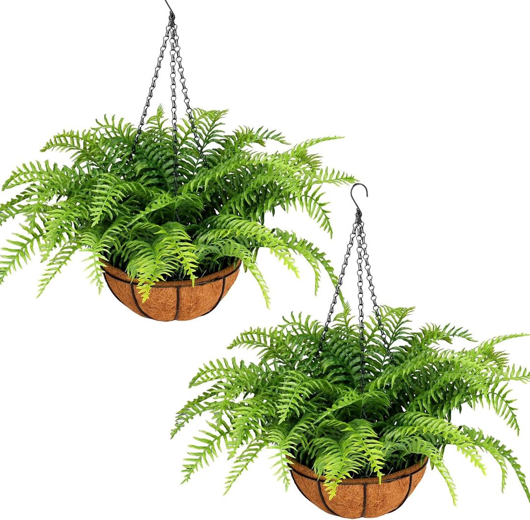 2 Set Fake Ferns with Hanging Baskets, UV Resistant Fake Hanging Ferns Plants, Outdoor Artificial Hanging Plants for Front Porch Garden Balcony Patio Home Decor, No Assembly (Green X 2)