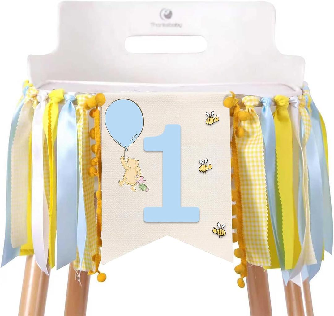 Winnie One High Chair Banner for 1st Birthday Decorations Baby Boys Classic Winnie Banner for First Birthday Decorations