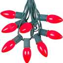 25 Foot C9 Red Ceramic Christmas String Light Set - Outdoor Christmas Light String -  Opaque Christmas Bulbs - Roofline Light String  Outdoor String Lights - Green Wire