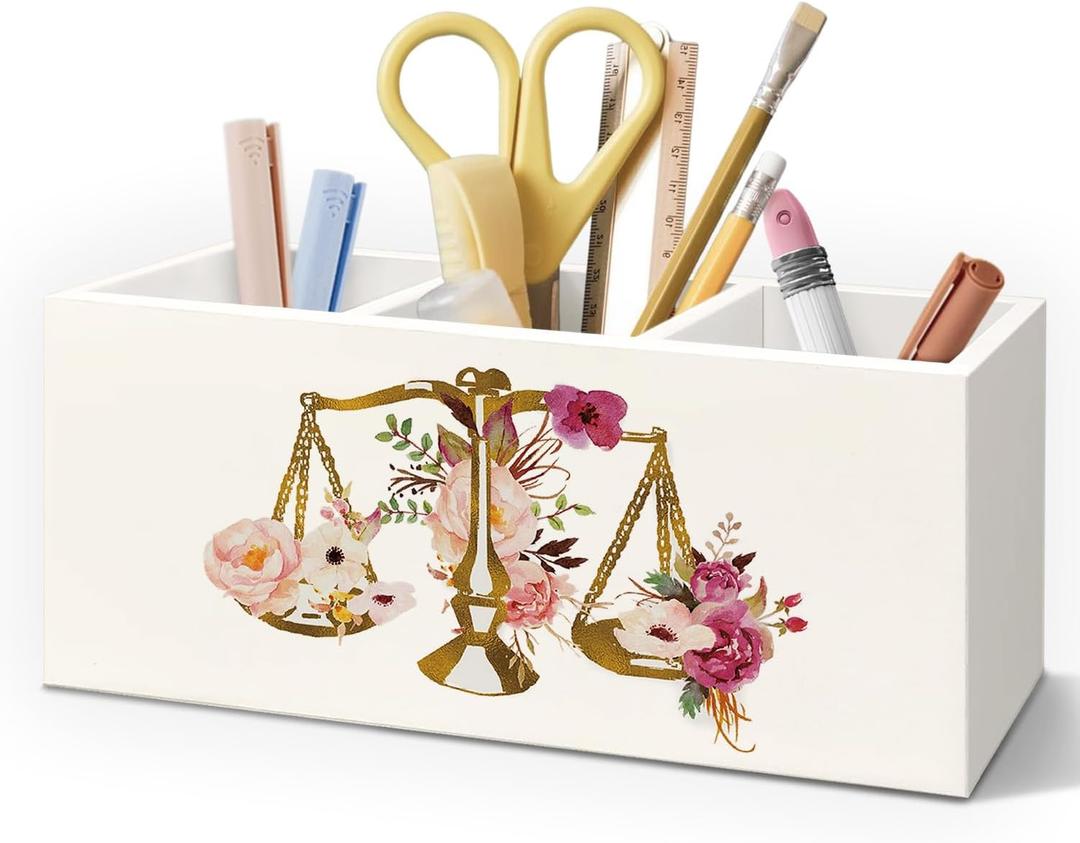 Lawyer Attorney Gifts for Women Pen Pencil Holder for Desk, Lawyer Graduation Gifts, Floral Scales of Justice Wooden Box Decorative Sign for Home Office Desk Tabletop Decor