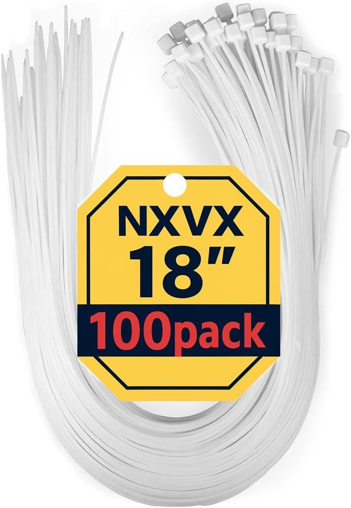 NXVX 18 Inch Heavy Duty Nylon Zip Ties 100PCS White Cable Ties for Home, Garden, Industrial & Automotive Use