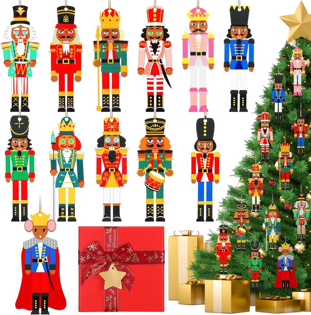 Hotop 36 Pcs Wood Nutcracker Hanging Ornaments for Christmas Tree Vintage Hanging Decoration with Gift Box Pendant Ornaments Party Decor(African Nutcracker Style)