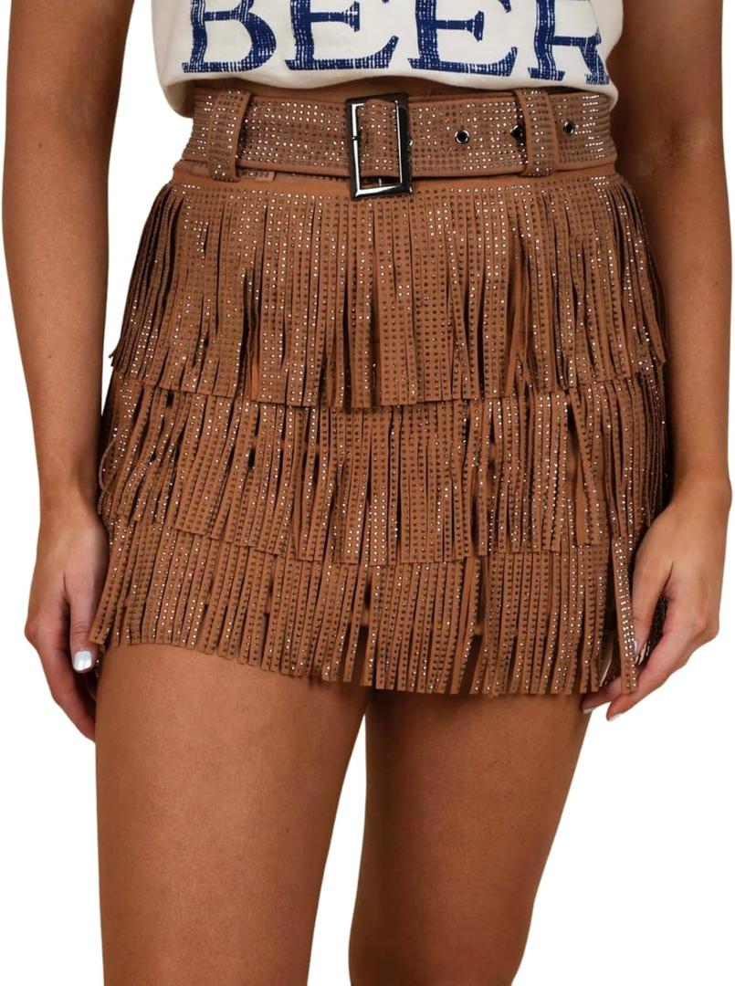 Womens Sparkle Rhinestone Fringe Skirt Elastic Waistband Short Mini Dress with Adjustable and Removable Belt (Large, Brown)