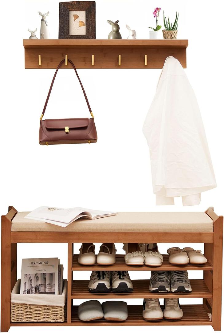 PETKABOO Hall Tree with Bench and Shoe Storage, Coat Rack Shoe Bench Set with Seat Cushion and 6 Hooks for Entryway, Hallway, Living Room and Bedroom