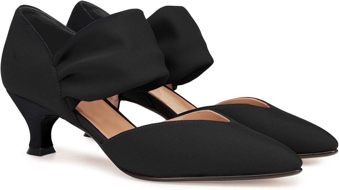 Coutgo Womens Low Kitten Heel Dress Shoes Pointed Toe Slip on Ankle Strap Cutout Elegant Party Wedding Pumps (10, Black)