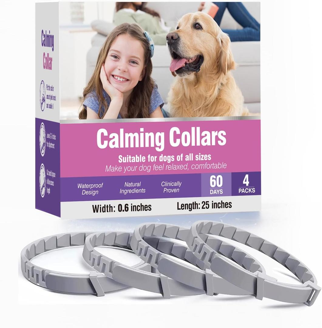 Calming Collar for Dogs 4 Packs Dog Pheromone Calm Collars Relief Anxiety Stress Separation Lasts 60 Days Relieve Bad Behavior 25 Inches Size Flexible Adjustable for All Small Medium and Large Dog (Grey)