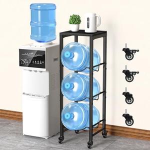 5 Gallon Water Bottle Jug Holder 3-Tier Organizer with Lockable Casters Heavy Duty Storage Rack Dispenser Stand With Wood Top Shelf for Kitchen Office Garage Black