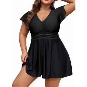 Arolina Women's Plus Size Tankini Swimsuits Swim Dress Mesh Bathing Suits Two Piece Ruffle V Neck Swimwear with Swim Shorts
 XL