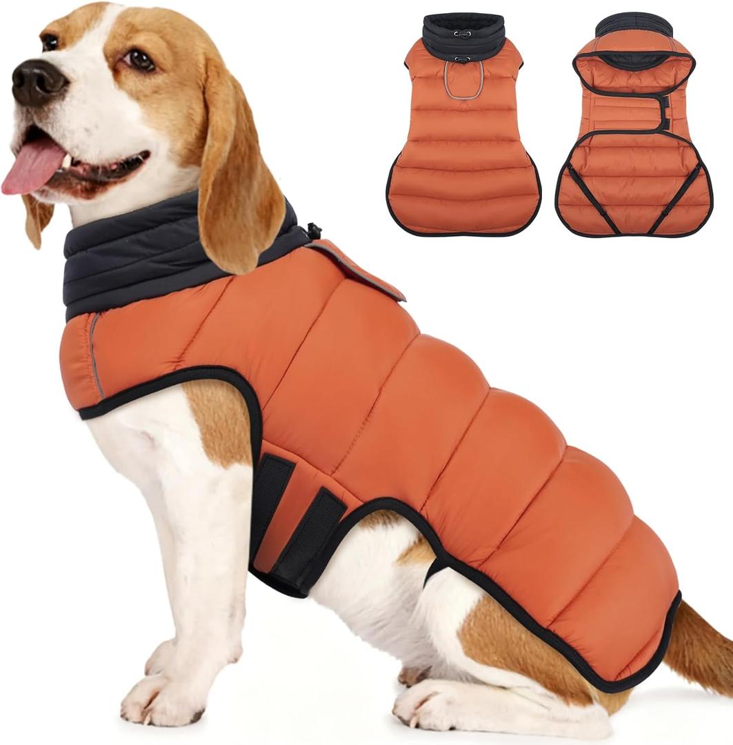 MIGOHI Lightweight Dog Coat, Windproof Dog Jacket, Puffer Jacket for Large Dogs, Padded Vest with Reflective Strips, Warm Snow Vest in Cold Weather, Easy On Hook & Loop Belly, Caramel, XL (XL(Neck:20.5"))