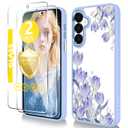 for Samsung Galaxy A15 5G Case6.5 inch with Tempered Glass Screen ProtectorSlim TPU & Hard PC Crystal Clear Cover , Elegant Floral Pattern Design for Girls Women( Galaxy A15-Tulip/Light Purple