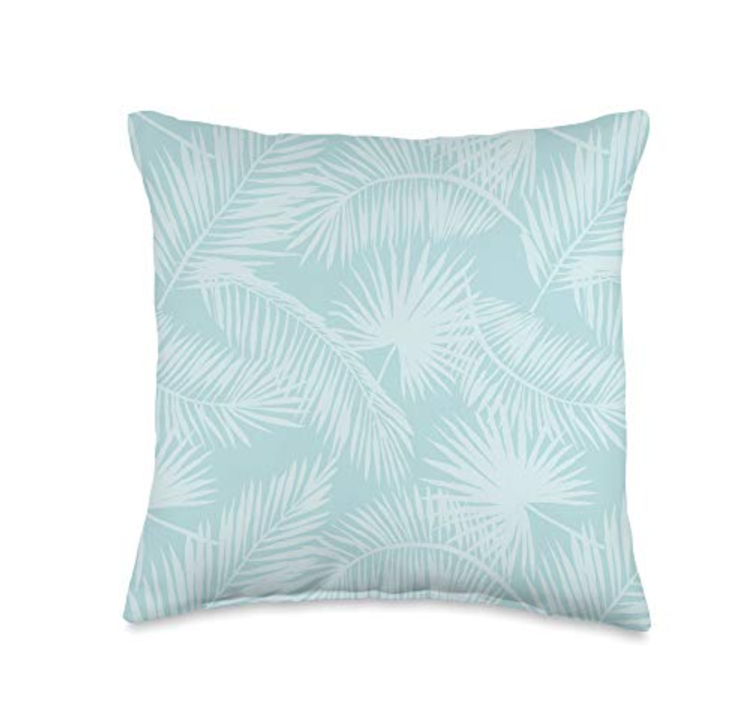 Tropical Botanical Palm Leaves Summer Pattern - Aqua Throw Pillow, 16x16