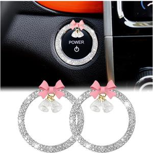 Bling Car Engine Start Ring Stickers, 2PCS Crystal Rhinestone Bow Vehicle Push Start Stop Button Cover, Auto Key lgnition Knob Decals for Women Girls, Universal for SUV RV Truck (White)