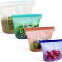 Reusable Silicone Food Storage Bags (Set of 4), Dishwasher Oven Microwave Freezer Safe, Eco-Friendly Leakproof Sous Vide Bags, Premium Lunch Containers, 1 Snack 2 Sandwich 1 Half Gallon, Mixed