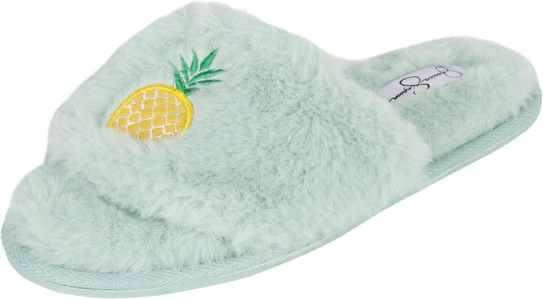 Jessica Simpson Women's Plush Faux Fur Fuzzy Slide on Open Toe Slipper with Memory Foam X-Large (Mint)