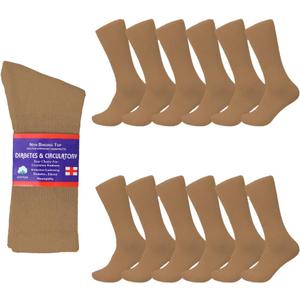 Diamond Star Diabetic Socks, Non-Binding Circulatory Cushion Cotton Crew Diabetic Socks for Men Women (Medium, 12 Pairs Khaki)