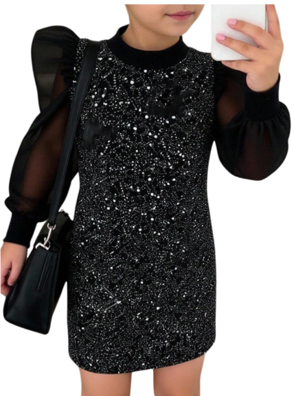 WDIRARA Toddler Girl's Leopard Mesh Long Puff Sleeve Dress Mock Neck Pencil Short Dresses Black 6Y